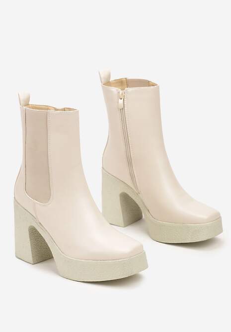 Beżowe Botki Sztyblety na Platformie i Obcasie Ozdobione Kwadratowym Noskiem Labirra