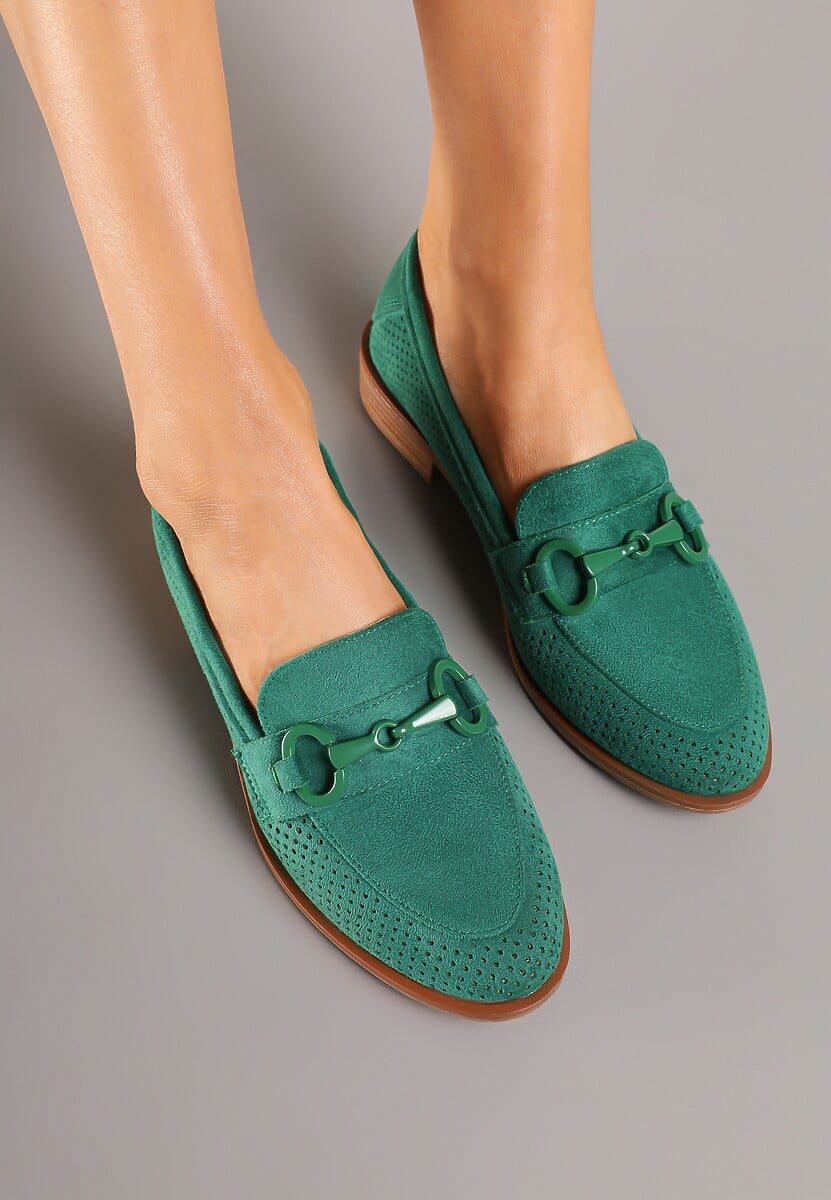 Zielone Mokasyny Vices z Perforacją z Wkładką ze Skóry Naturalnej Felithria