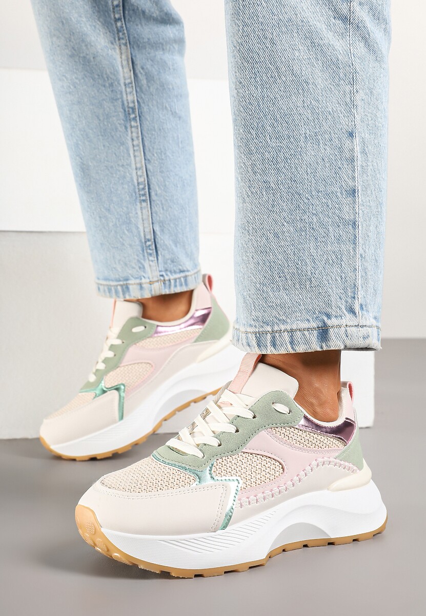 Beżowo-Zielone Sneakersy Ozdobione Metalicznym Zdobieniem Worsemi