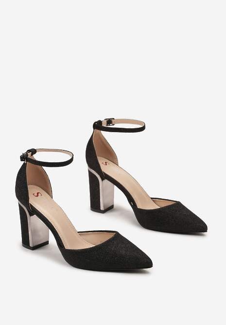 Czarne Połyskujące Czółenka na Słupku Dervia