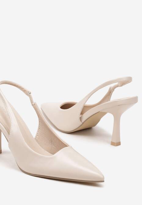 Beżowe Sandały na Obcasie ze Szpiczastym Noskiem i Odkrytą Piętą Nanalis