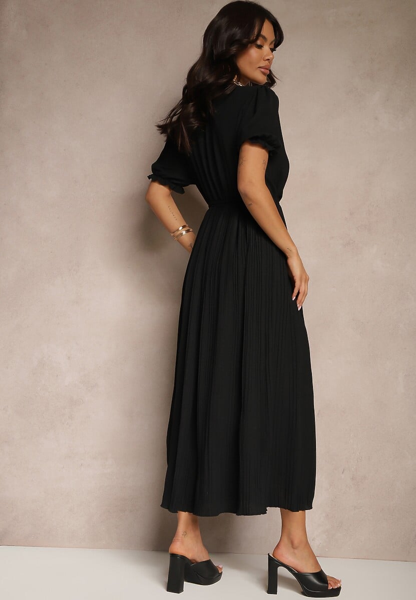 Czarna Sukienka z Bawełną Ozdobiona Kopertowym Dekoltem i Paskiem Grellevia