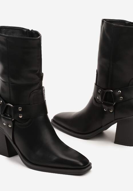 Czarne Ocieplane Botki na Stożkowym Obcasie z Ozdobną Klamrą Verinique