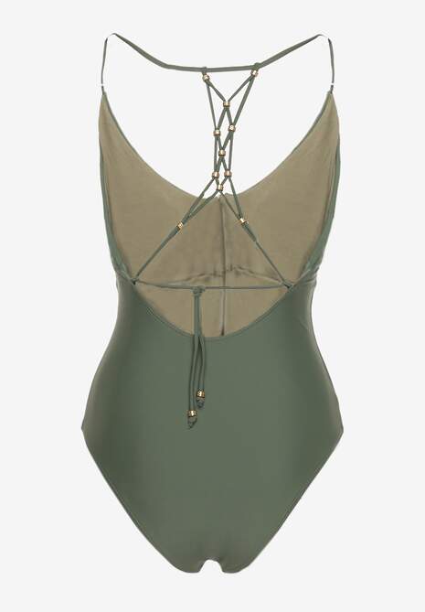 Ciemnozielony Jednoczęściowy Strój Kąpielowy z Ozdobnym Wiązaniem na Plecach Bosiara