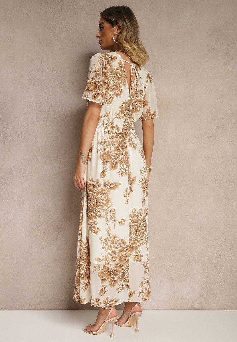 Jasnobeżowa Rozkloszowana Sukienka z Wiązaniem w Kwiatowy Wzór Jeloiti