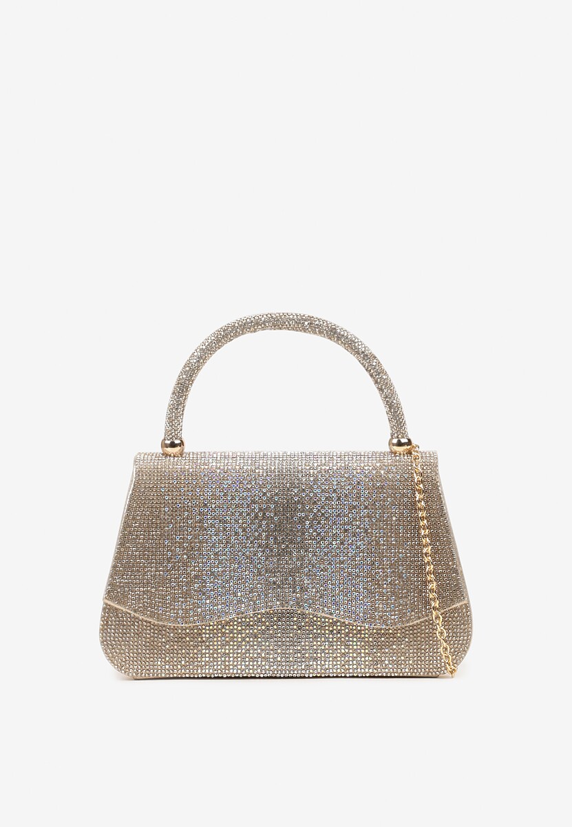 Złota Torebka Kopertówka z Cyrkoniami i Rączką Denive