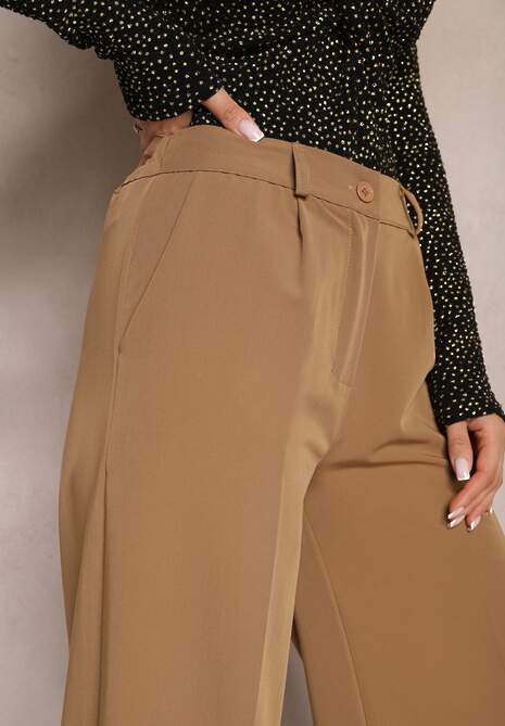 Jasnobrązowe Szerokie Spodnie High Waist z Gumką w Pasie Eternel
