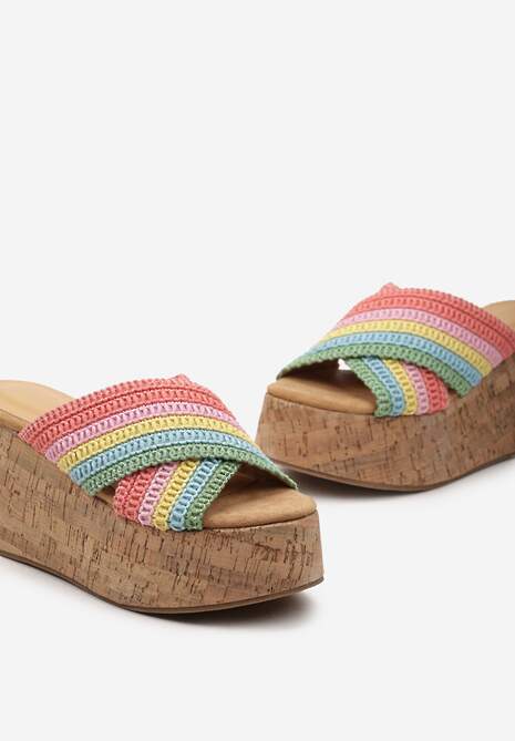 Różowo-Niebieskie Klapki na Platformie z Koturnem i Plecionką Paanas