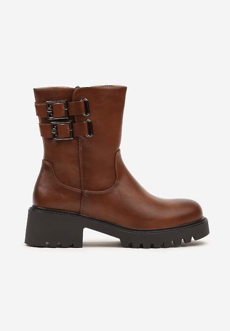 Brązowe Botki na Podeszwie z Tłoczeniami Zdobione Sprzączkami Senalina