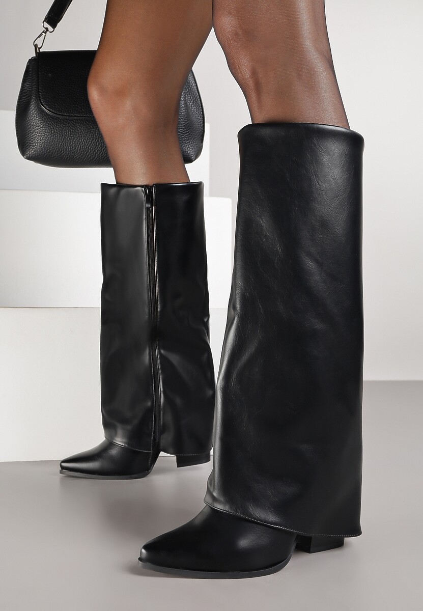 Czarne Kozaki Kowbojki na Stożkowym Obcasie Ozdobione Wywiniętą Cholewką Nalunisa