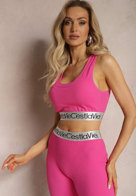 Fuksjowy Top Sportowy Biustonosz Elastyczny Prążkowany z Ozdobną Gumą Waslema