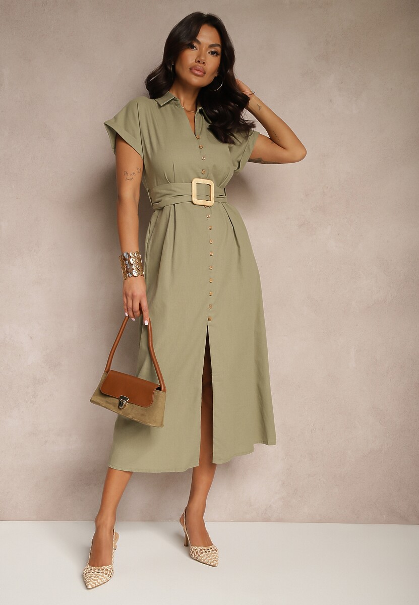Zielona Koszulowa Sukienka z Bawełny na Krótki Rękaw z Materiałowym Paskiem Celirna