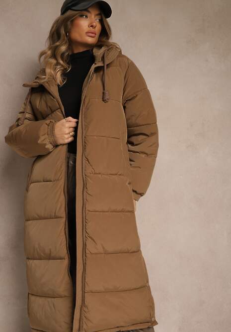 Brązowa Pikowana Kurtka o Długim Fasonie z Kapturem Unina
