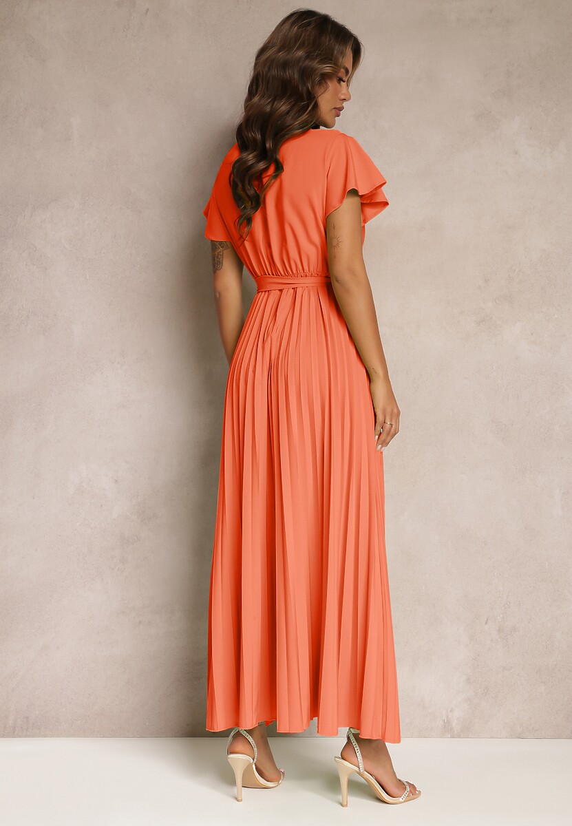 Pomarańczowa Koktajlowa Maxi Sukienka Ozdobiona Plisami z Trójkątnym Dekoltem i Wiązaniem w Talii Phoelia