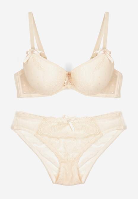 Beżowy Komplet z Koronki Majtki Typu Figi i Biustonosz z Kokardami i Usztywnieniem Arrbelia