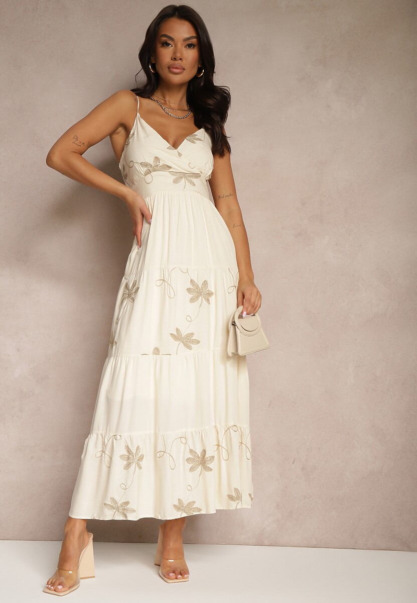 Biała Rozkloszowana Sukienka z Wiskozy z Haftowanym Motywem na Ramiączkach Telilia