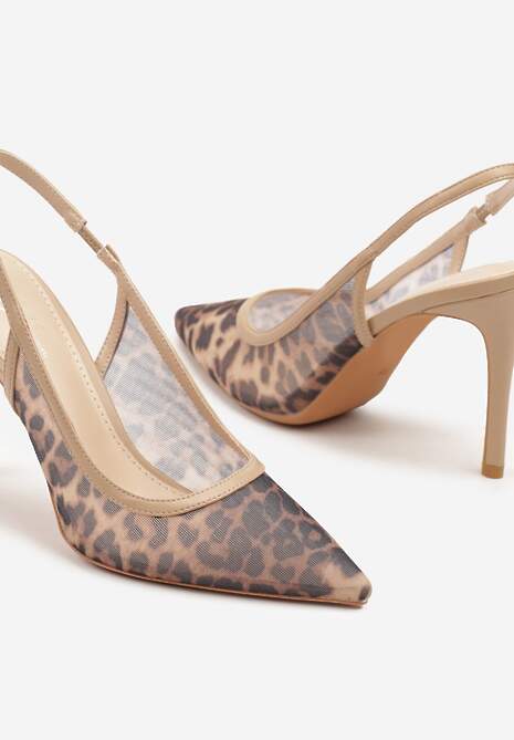 Ciemnobeżowe Panterkowe Szpilki z Siateczki z Noskiem w Szpic i Odkrytą Piętą Biterta