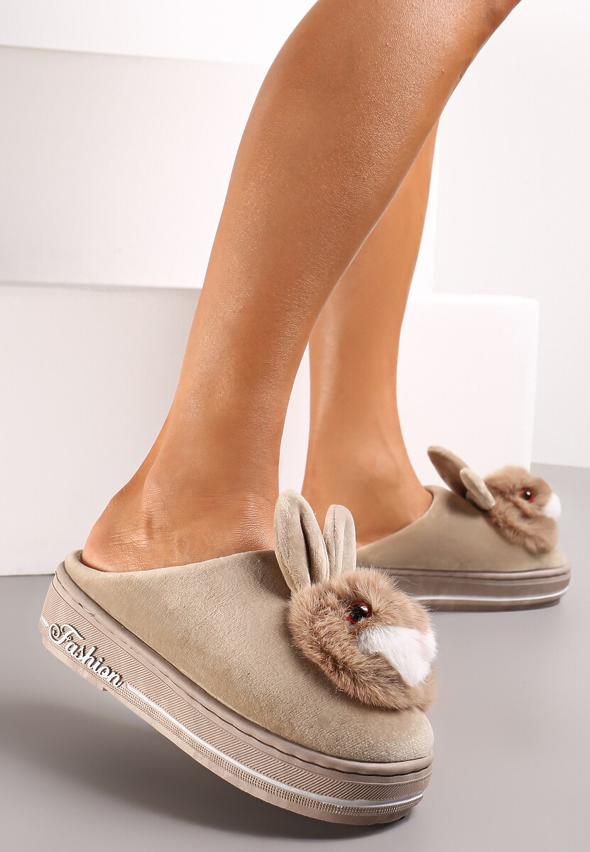 Ciemnobeżowe Kapcie na Grubej Podeszwie Pisces