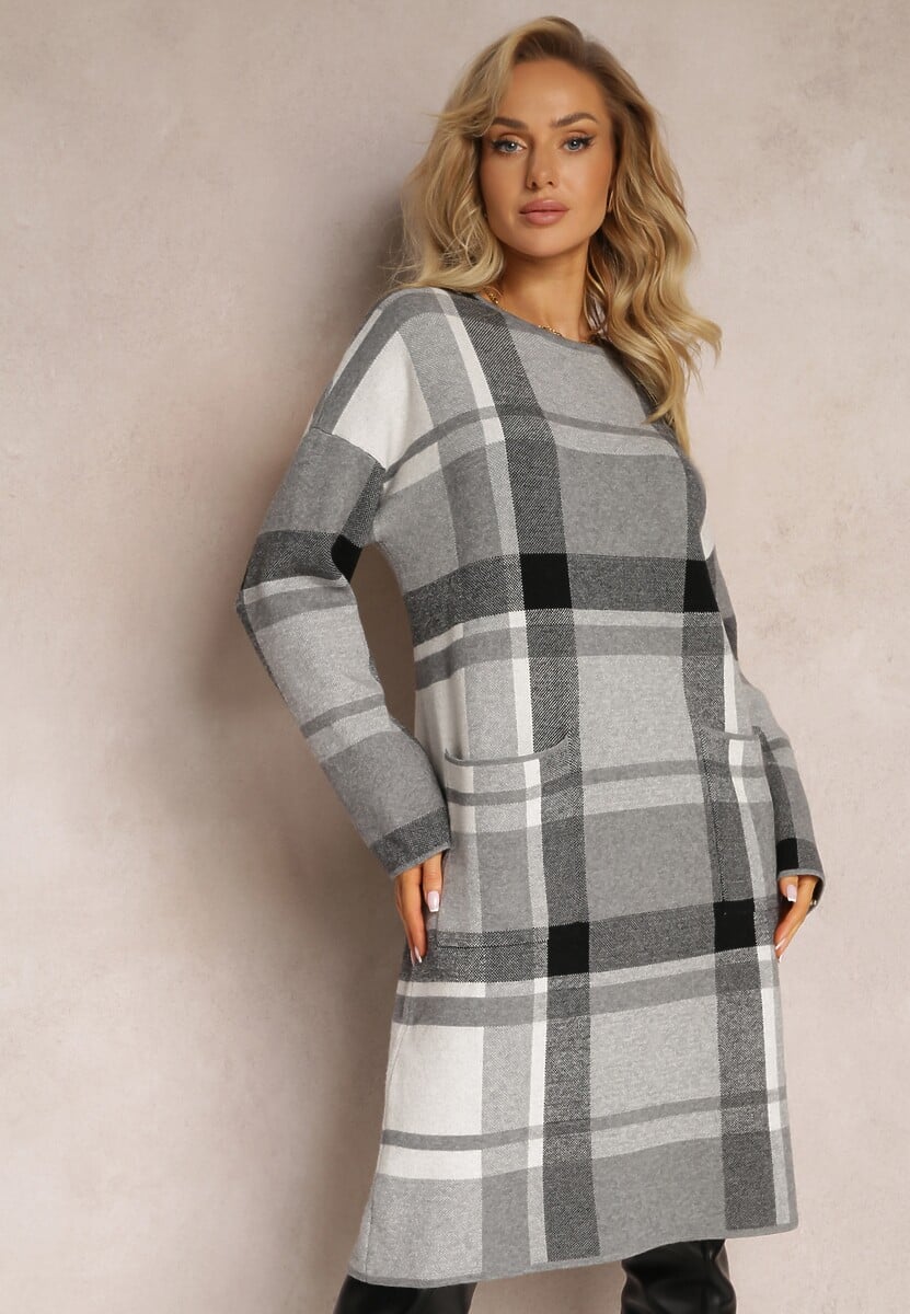 Szara Dzianinowa Sukienka Midi Ozdobiona Wzorem w Kratę Bimara