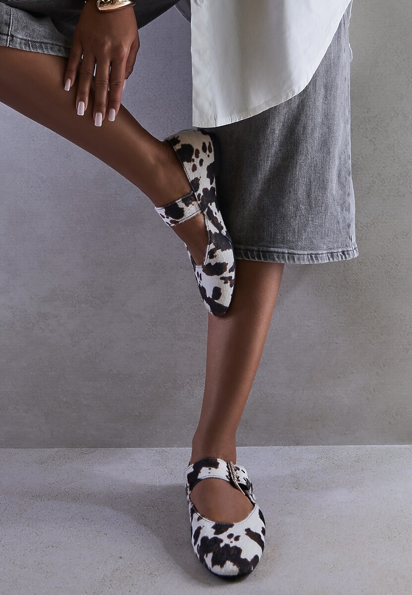 Brązowo-Białe Balerinki Vices w Krowie Łaty w Stylu Mary Jane ze Skórzaną Wkładką Rilaneia