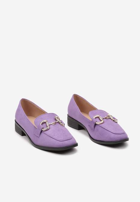Fioletowe Casualowe Mokasyny na Płaskiej Podeszwie Ozdobione Klamrą i Cyrkoniami Pioleta