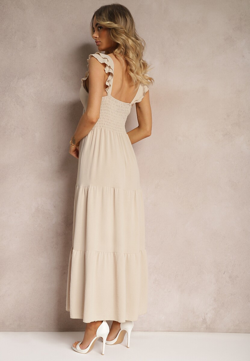 Jasnobeżowa Sukienka z Kopertowym Dekoltem na Ramiączkach z Gumką w Pasie i Falbankami Ebiviana
