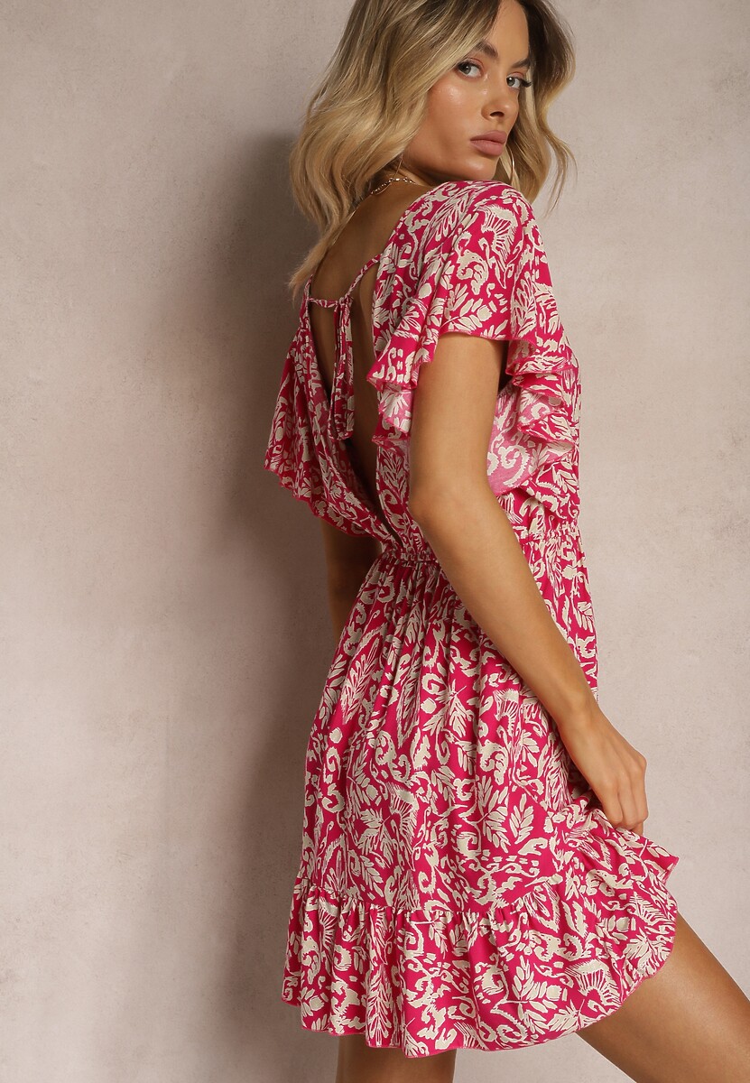 Fuksjowa Sukienka z Bawełny o Rozkloszowanym Kroju Ozdobiona Falbanami i Gumką w Talii Neliaura