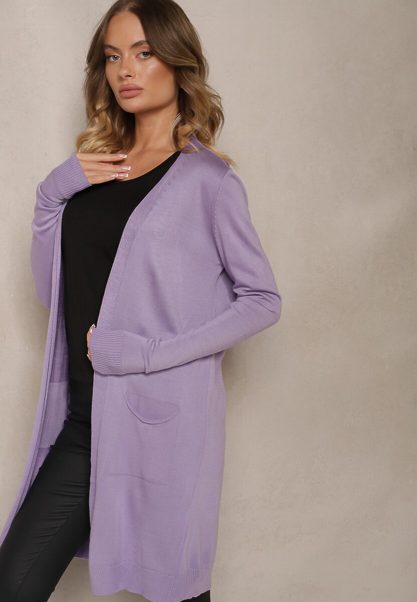 Fioletowy Kardigan Bez Zapięć o Prostym Kroju ze Wsuwanymi Kieszonkami Torinia