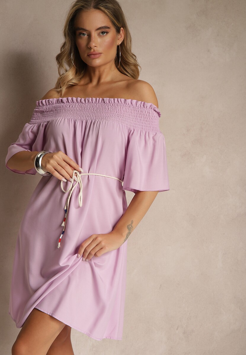 Fioletowa Sukienka Hiszpanka z Bawełną i Wiskozą Ozdobiona Sznurkiem Lilarelle