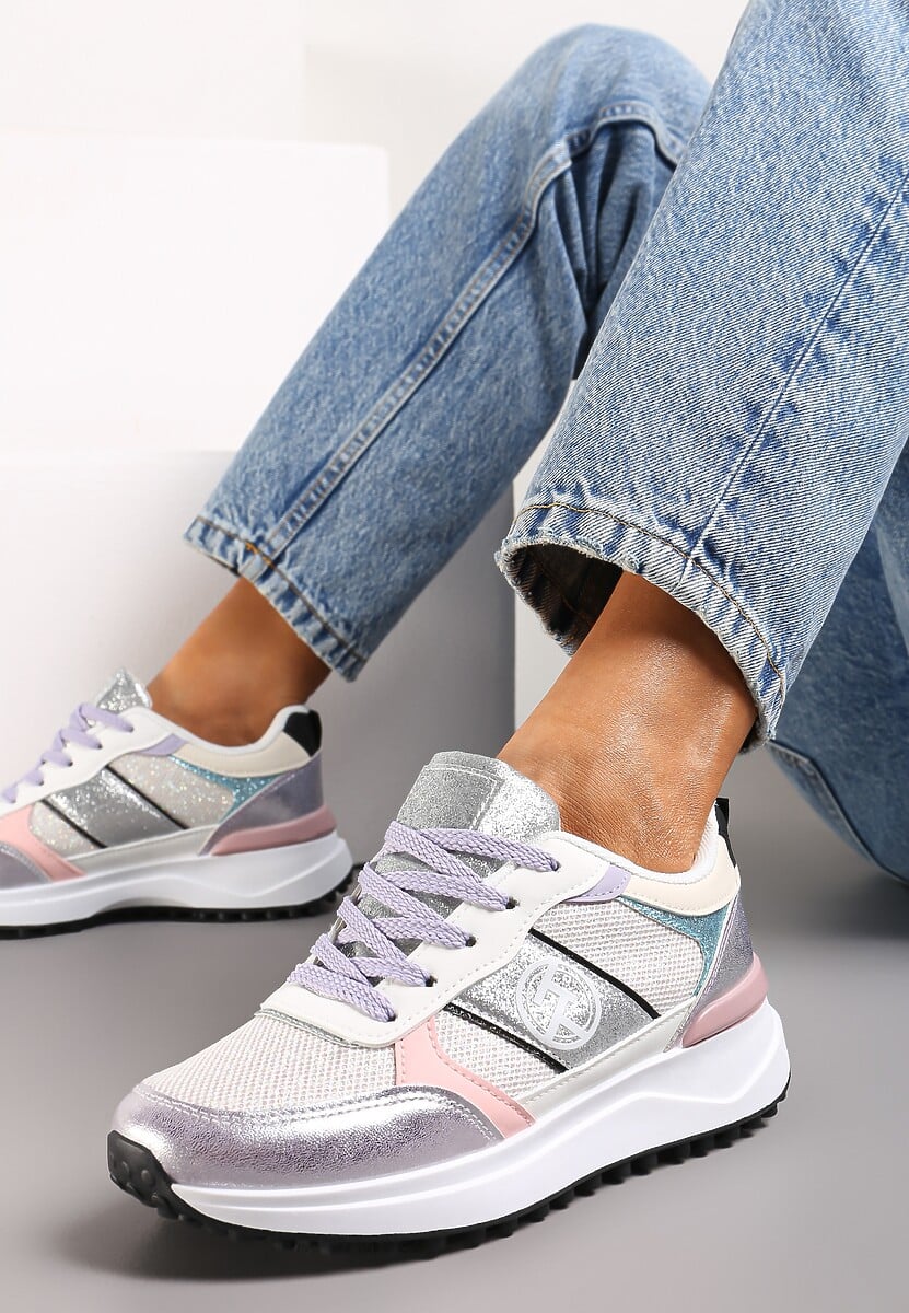 Srebrne Sznurowane Sneakersy z Brokatem i Siateczką na Grubej Podeszwie Leviria