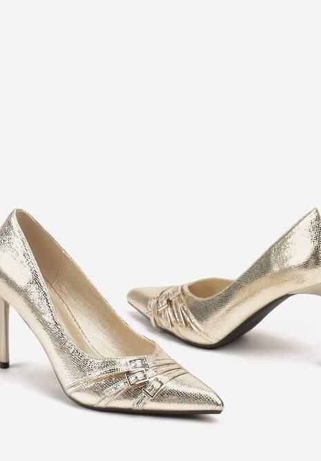 Złote Klasyczne Szpilki z Noskiem w Szpic Ozdobionym Klamerkami i Paseczkami Railanne