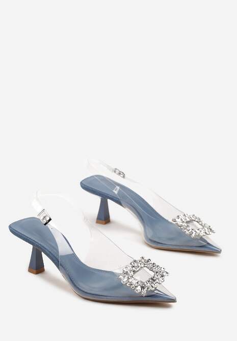 Niebieskie Przeźroczyste Sandały na Obcasie Typu Kaczuszka Ozdobione Błyszczącą Klamrą Gimiona