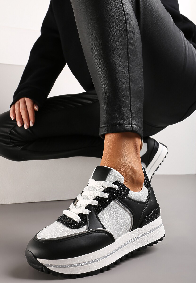 Beżowe Sneakersy na Platformie ze Wstawkami z Brokatu Ovilia