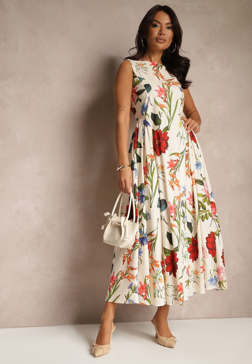 Beżowa Rozkloszowana Sukienka z Bawełny w Kwiatowy Wzór Ilanis