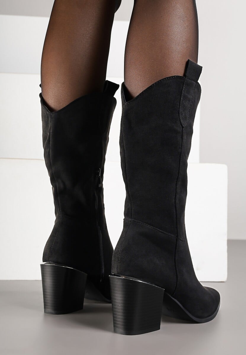 Czarne Botki w Stylu Kowbojek na Obcasie z Długą Cholewką Mabilla