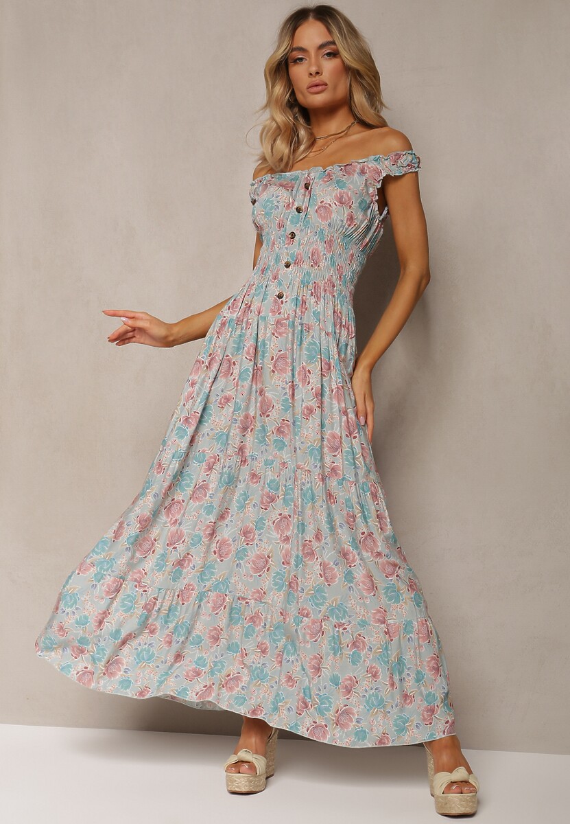 Granatowo-Różowa Kwiecista Sukienka Rozkloszowana z Bawełny na Ramiączkach Kalassia