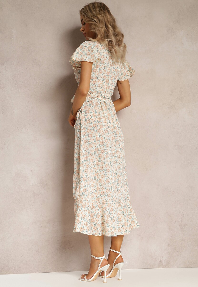 Beżowa Kopertowa Midi Sukienka o Rozkloszowanym Fasonie w Kwiaty Ozdobiona Falbanką Wakena
