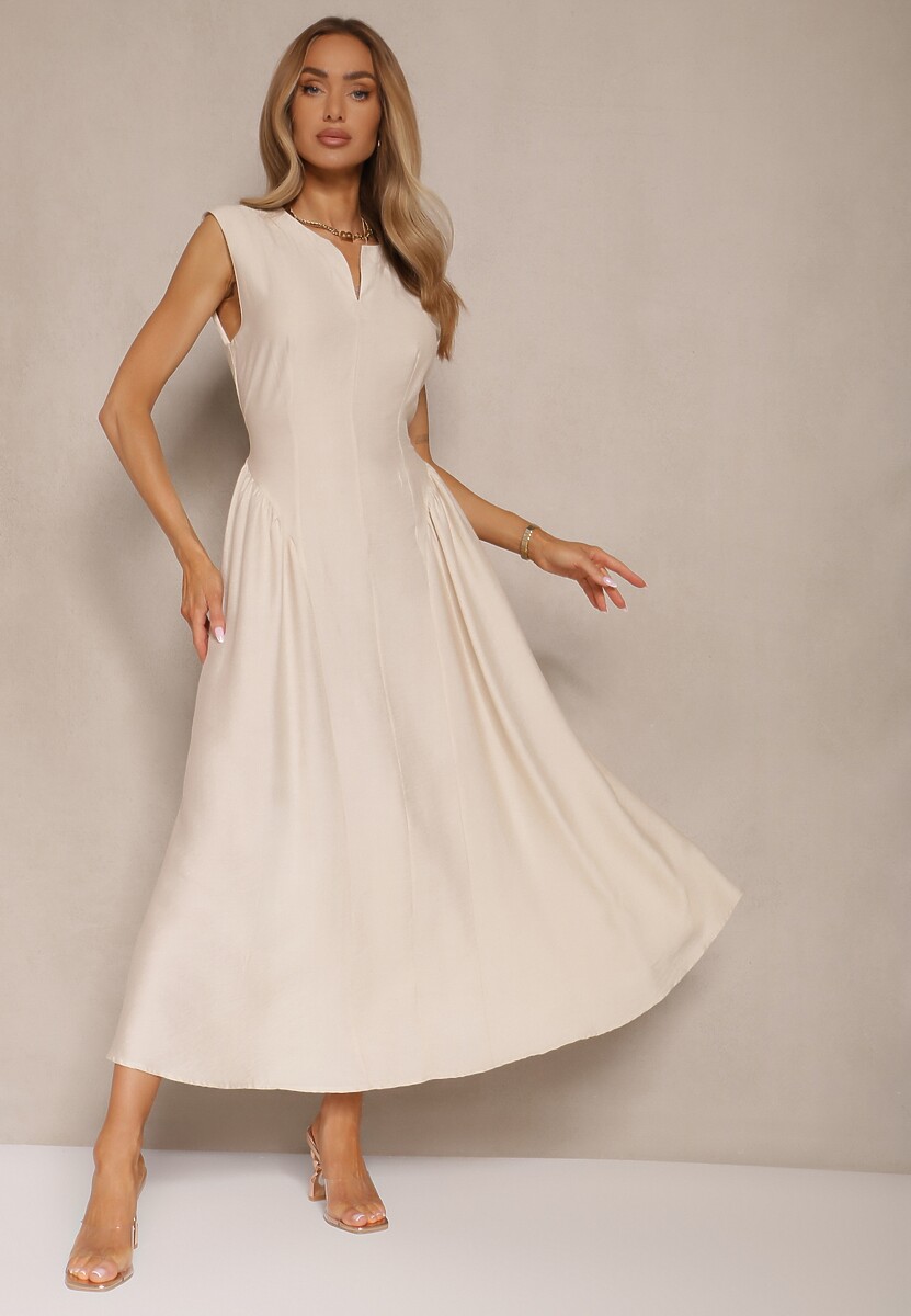 Beżowa Rozkloszowana Sukienka z Wiskozy Lirune