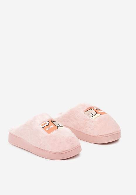 Różowe Futrzane Kapcie Vices na Platformie Ozdobione Naszywką Deofra