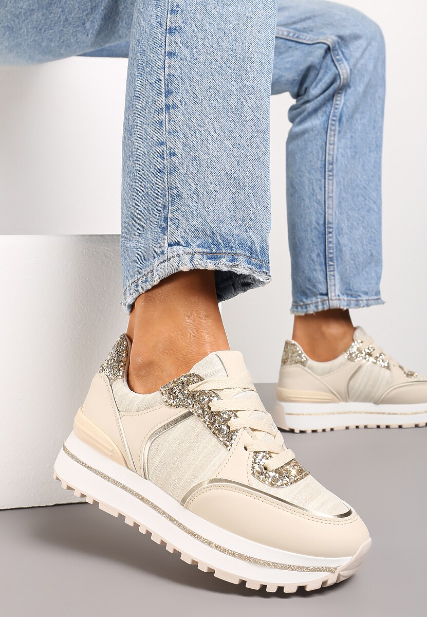 Beżowe Sneakersy na Platformie ze Wstawkami z Brokatu Ovilia