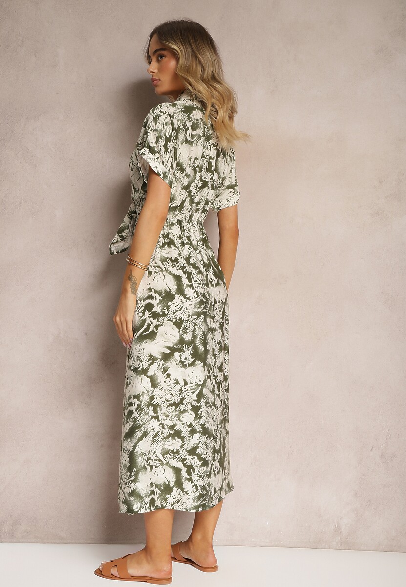 Zielono-Biała Sukienka Taliowana z Gumką w Talii Nasilena