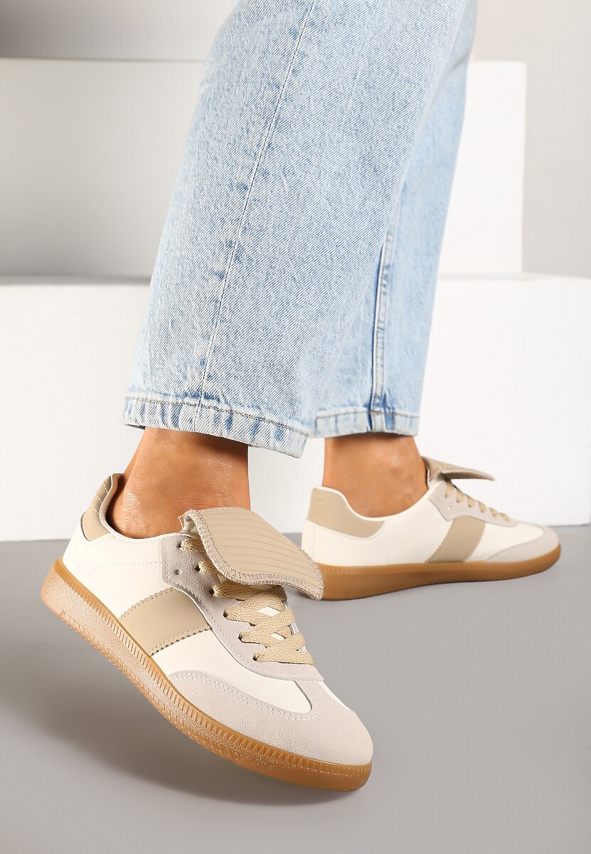 Beżowe Sznurowane Płaskie Sneakersy z Geometrycznym Wzorem Felilva