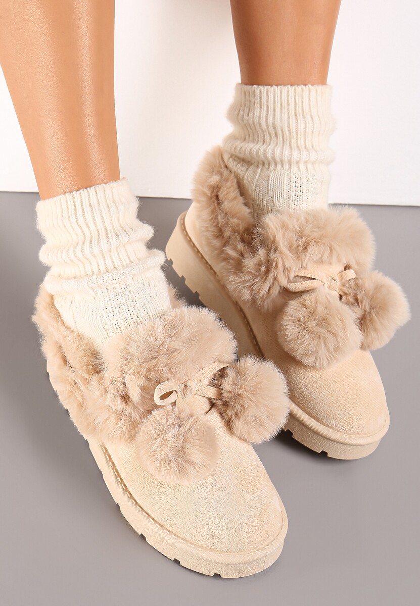 Beżowe Śniegowce przed Kostkę na Platformie z Futerkiem Tolonno