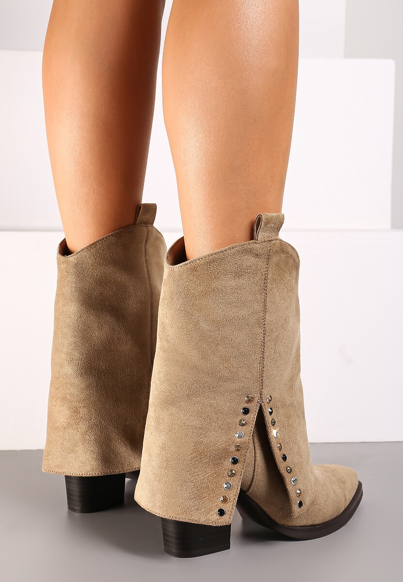 Ciemnobeżowe Botki na Stożkowym Obcasie z Wywiniętą Cholewką i Cyrkoniami Movene