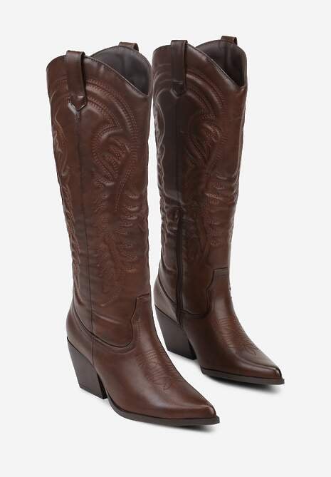 Brązowe Kozaki Kowbojki na Stożkowym Obcasie Zdobione Przeszyciami Lumifera