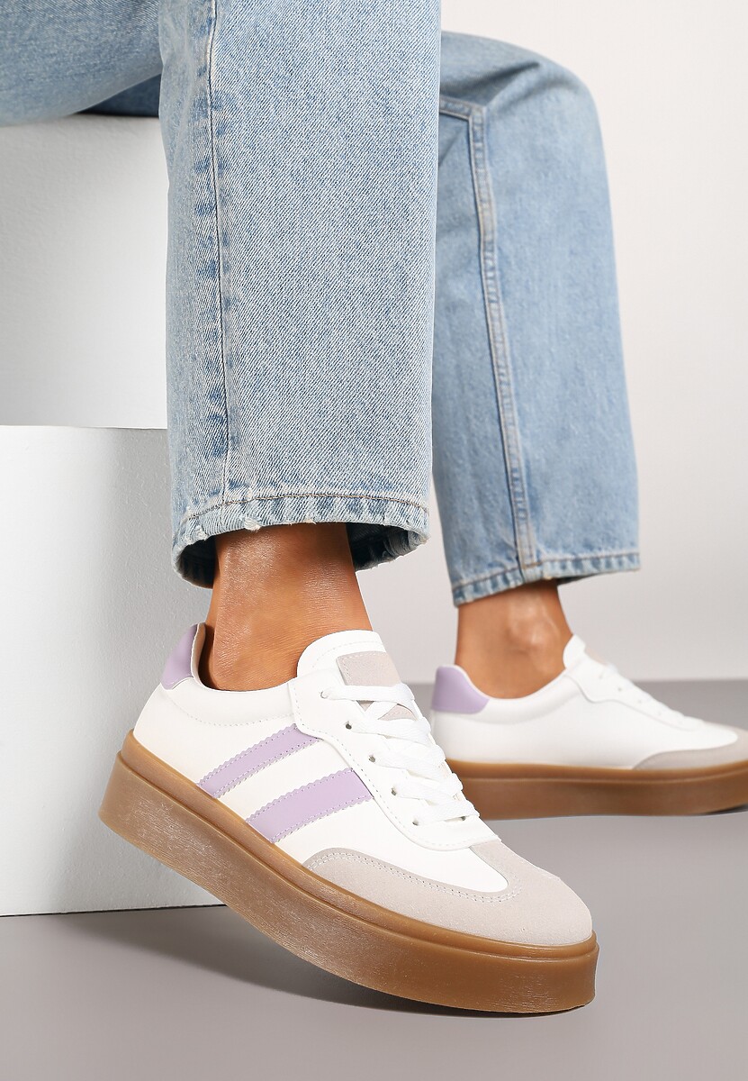 Biało-Fioletowe Sneakersy na Kauczukowej Podeszwie Ozdobione Paskami Nilimea