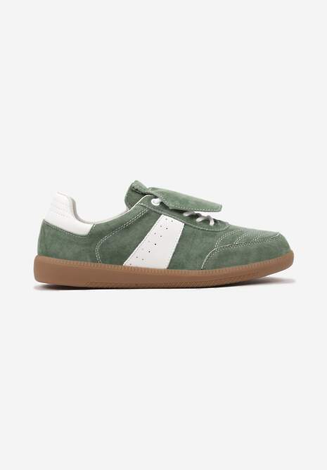 Zielono-Białe Sneakersy na Płaskiej Podeszwie ze Skóry Wykończone Zamszową Wstawką Milirae