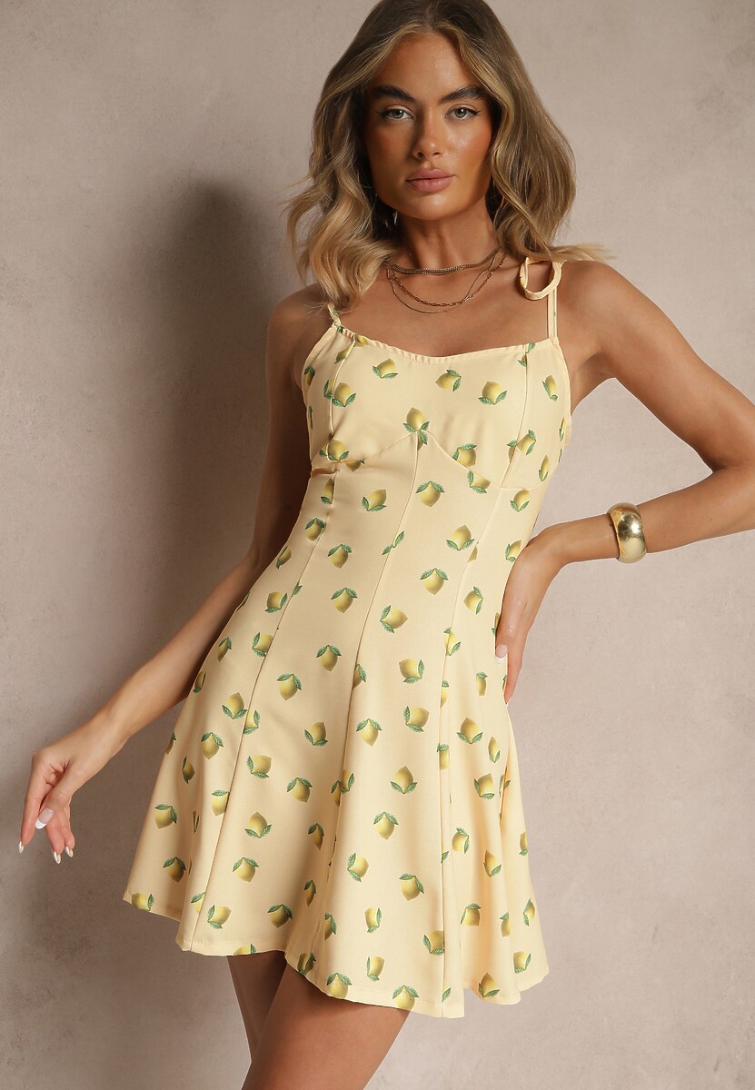Różowa Sukienka na Cienkich Wiązanych Ramiączkach w Cytrynowy Print Efrinira