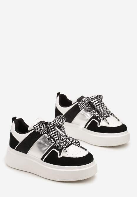Biało-Czarne Sneakersy z Przeszyciami i Ozdobnymi Sznurówkami na Grubej Podeszwie Timarel