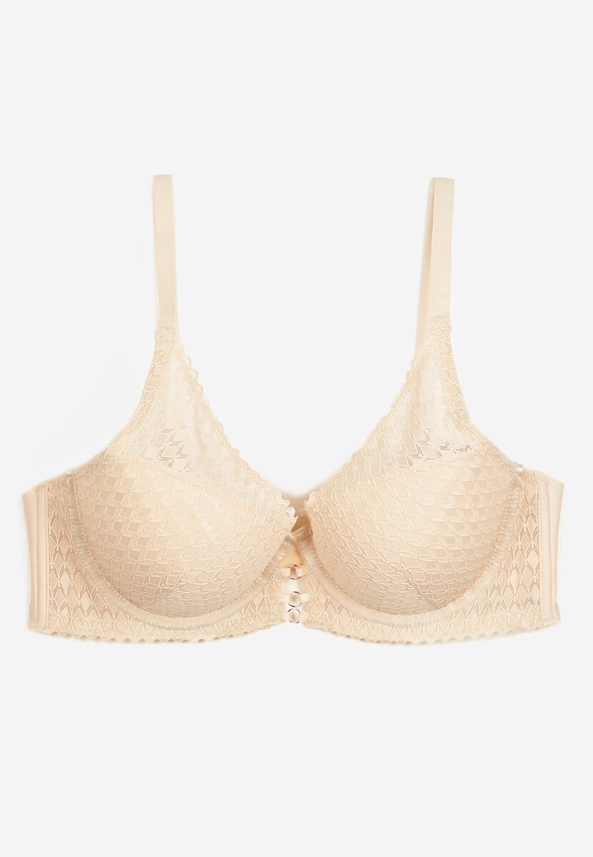Beżowy Biustonosz z Koronki z Efektem Push-Up Garnena